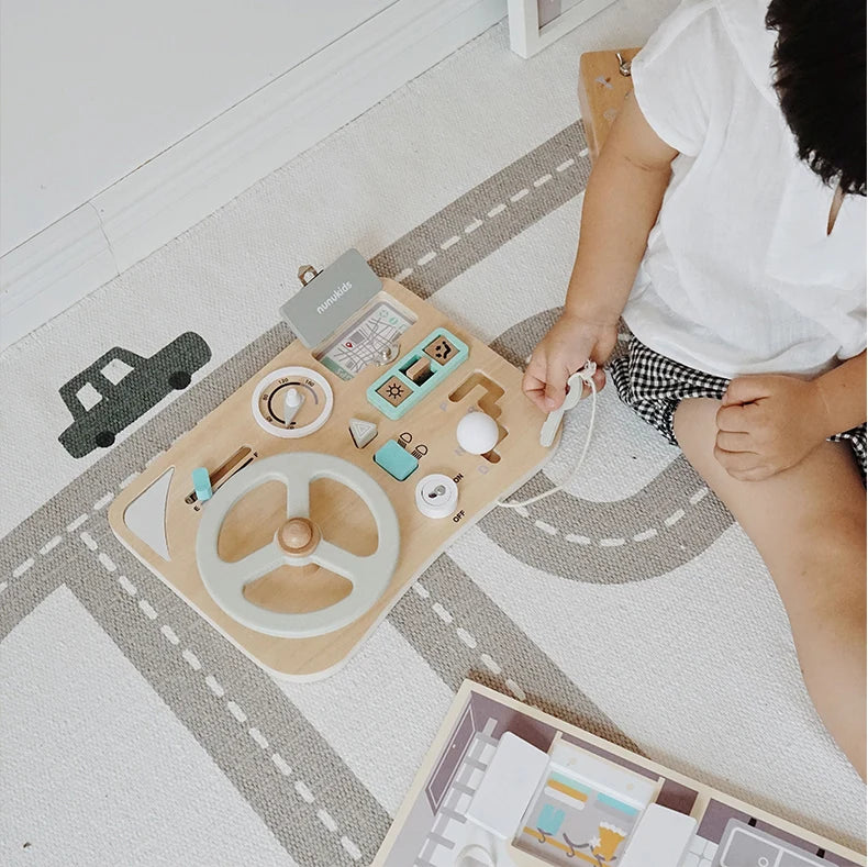 Montessori Wooden Busy Board - Interactive Car Dashboard Toy