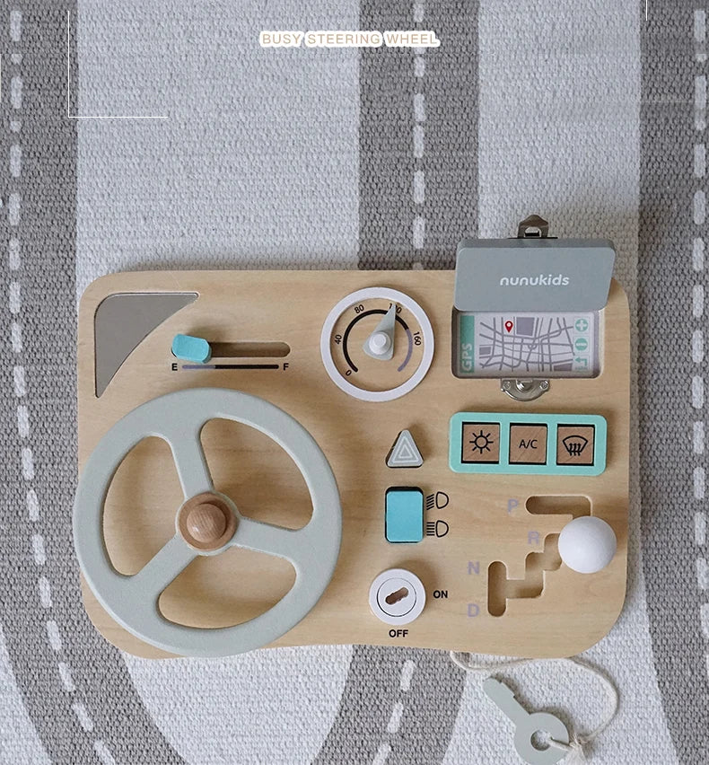 Montessori Wooden Busy Board - Interactive Car Dashboard Toy