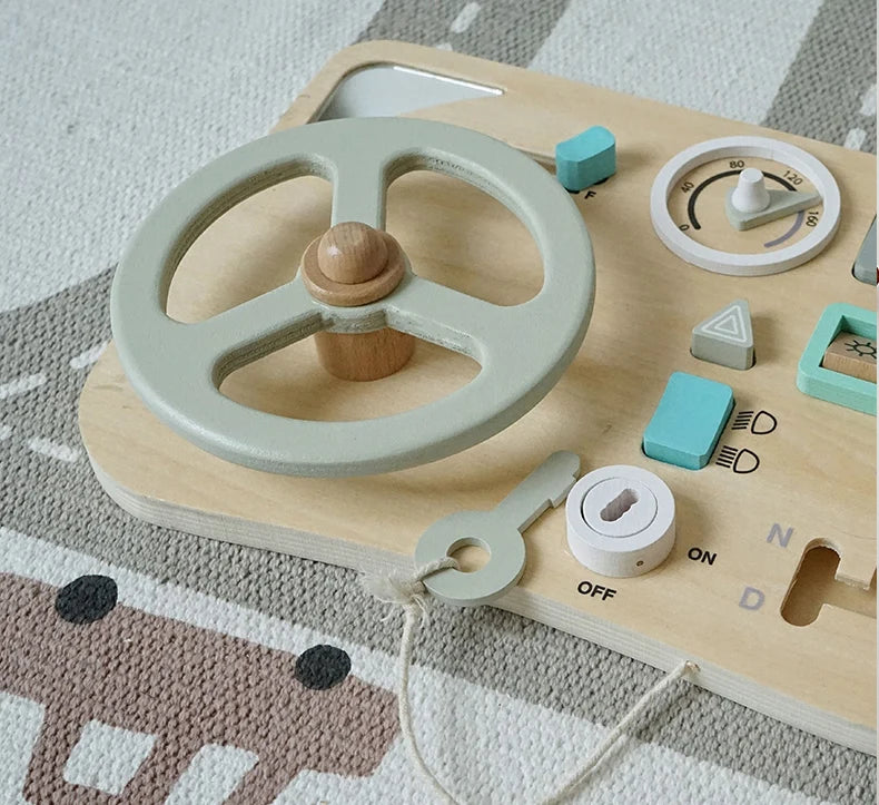 Montessori Wooden Busy Board - Interactive Car Dashboard Toy