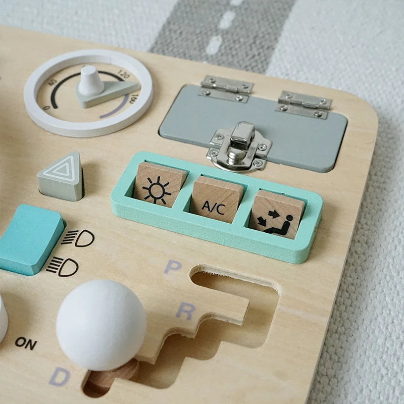 Montessori Wooden Busy Board - Interactive Car Dashboard Toy