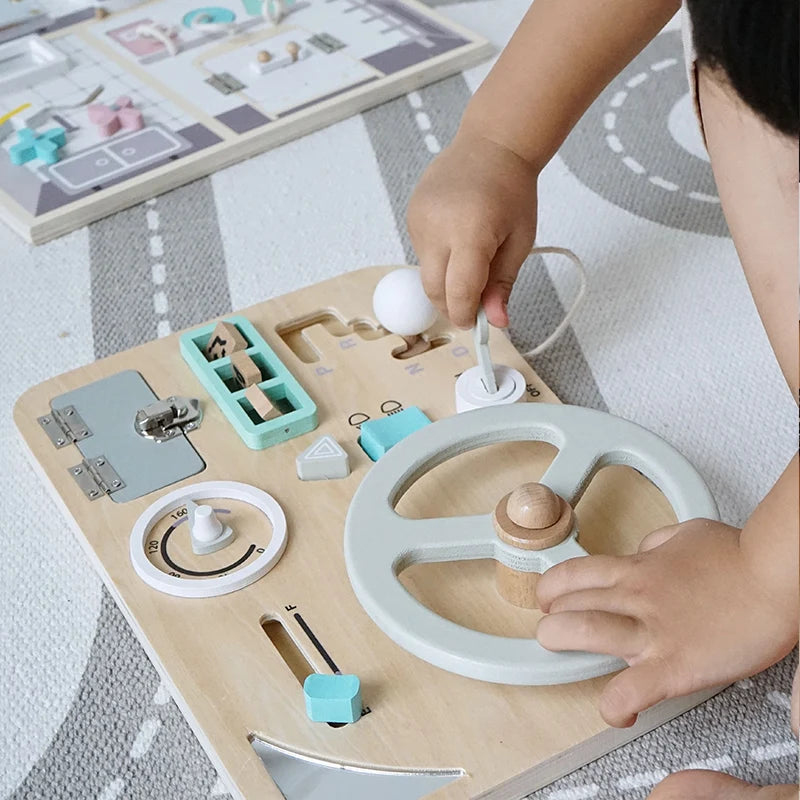 Montessori Wooden Busy Board - Interactive Car Dashboard Toy