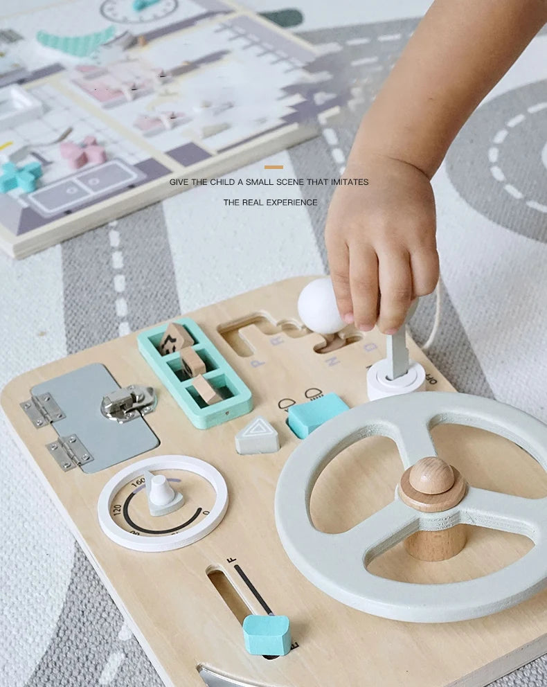 Montessori Wooden Busy Board - Interactive Car Dashboard Toy